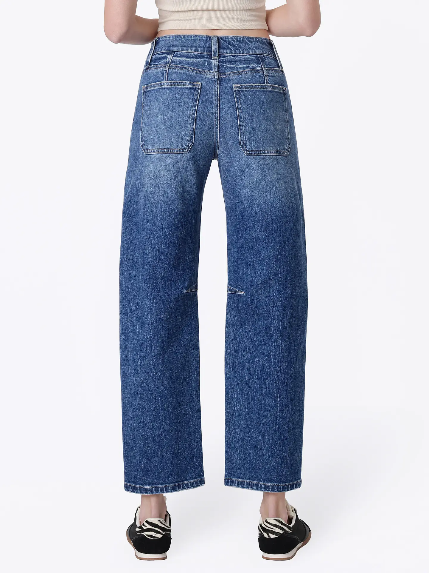 High Rise Side Buttons Double Pockets Barrel Jeans