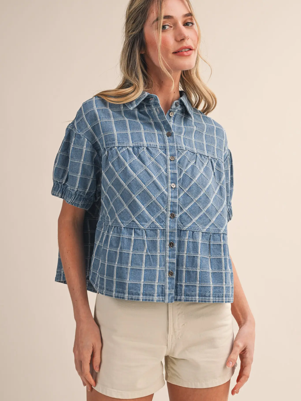 Checkered Denim Button Down Top