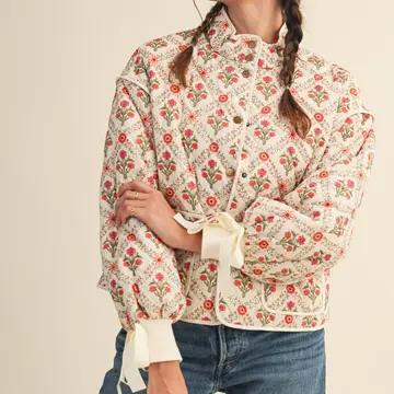 Floral Quilted Jacket with Ribbon Detail - IVORY RED
