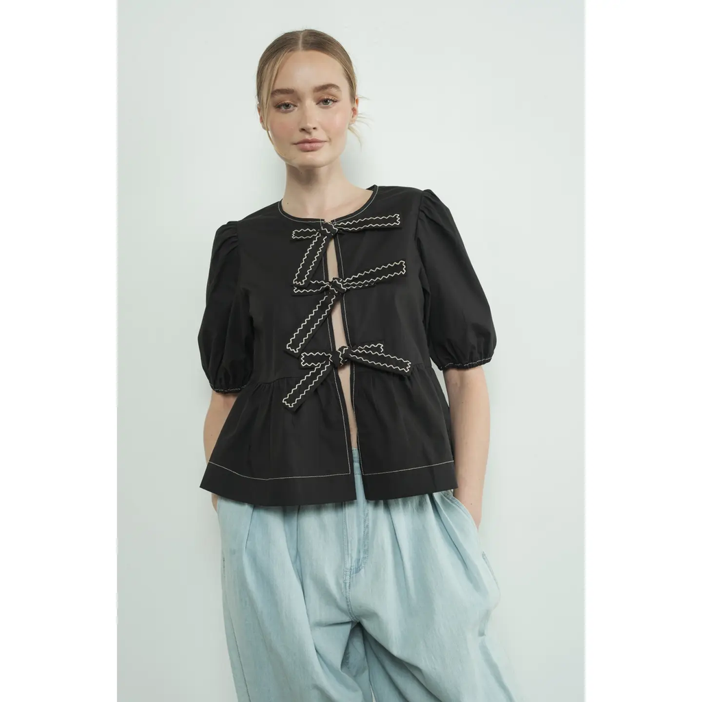 Embroidered Bow Tie Peplum Blouse - Black