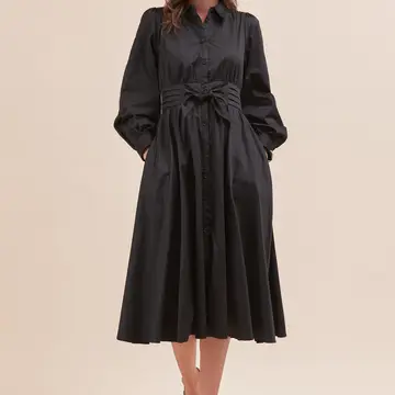 Pintuck Waist Tie Front Midi Dress - Black