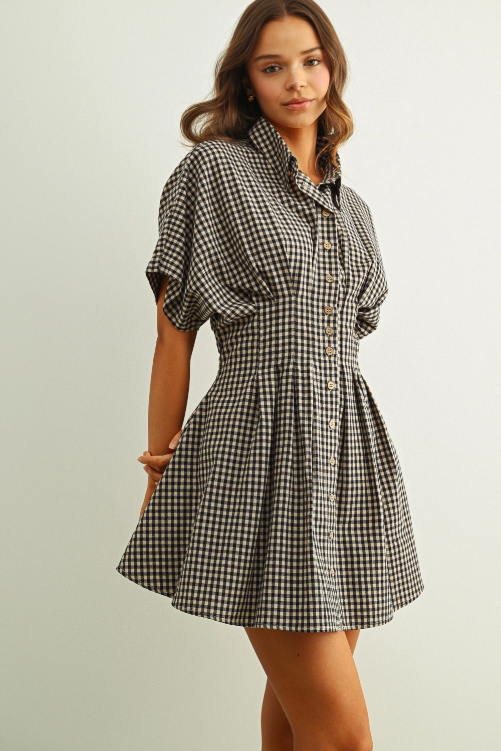 Gingham Patterned Shirt Dress - Navy