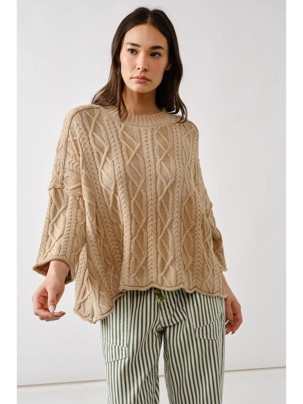 Oversize Washed Cable Sweater - Camel