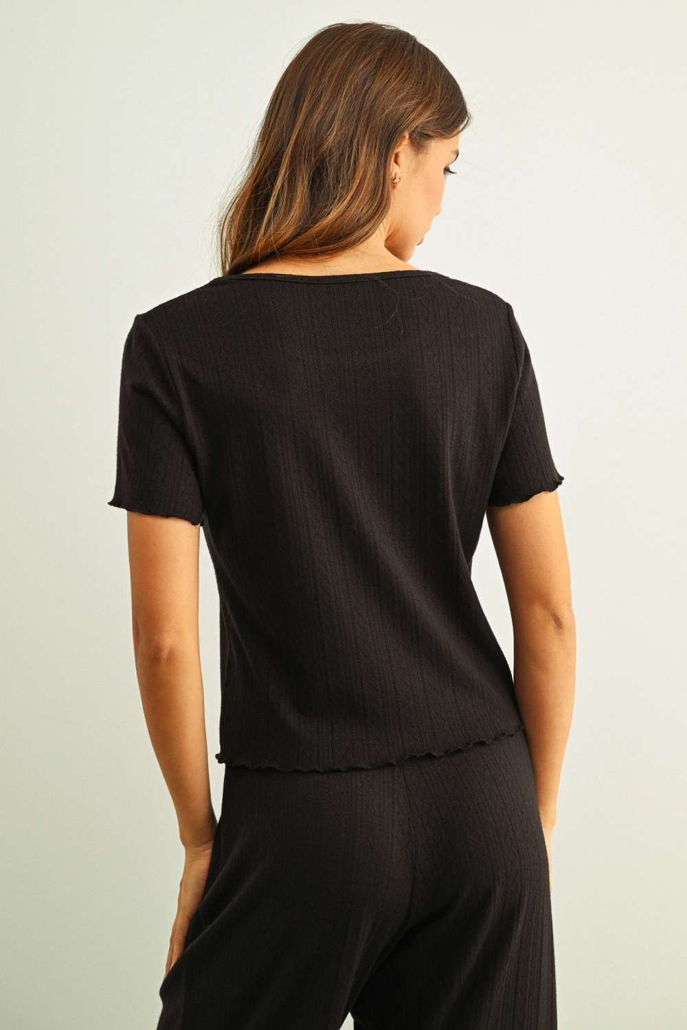 Pointelle Short Sleeve Top - Black