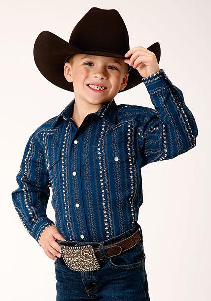 BOYS L/S SHIRT SHIRT SNAP PRINT 1724 NAVY/KHAKI FLORAL WALLPAPER PRT