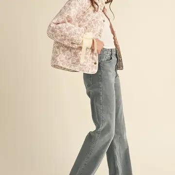 Floral Quilted Jacket with Ribbon Detail - IVORY PINK FLORAL