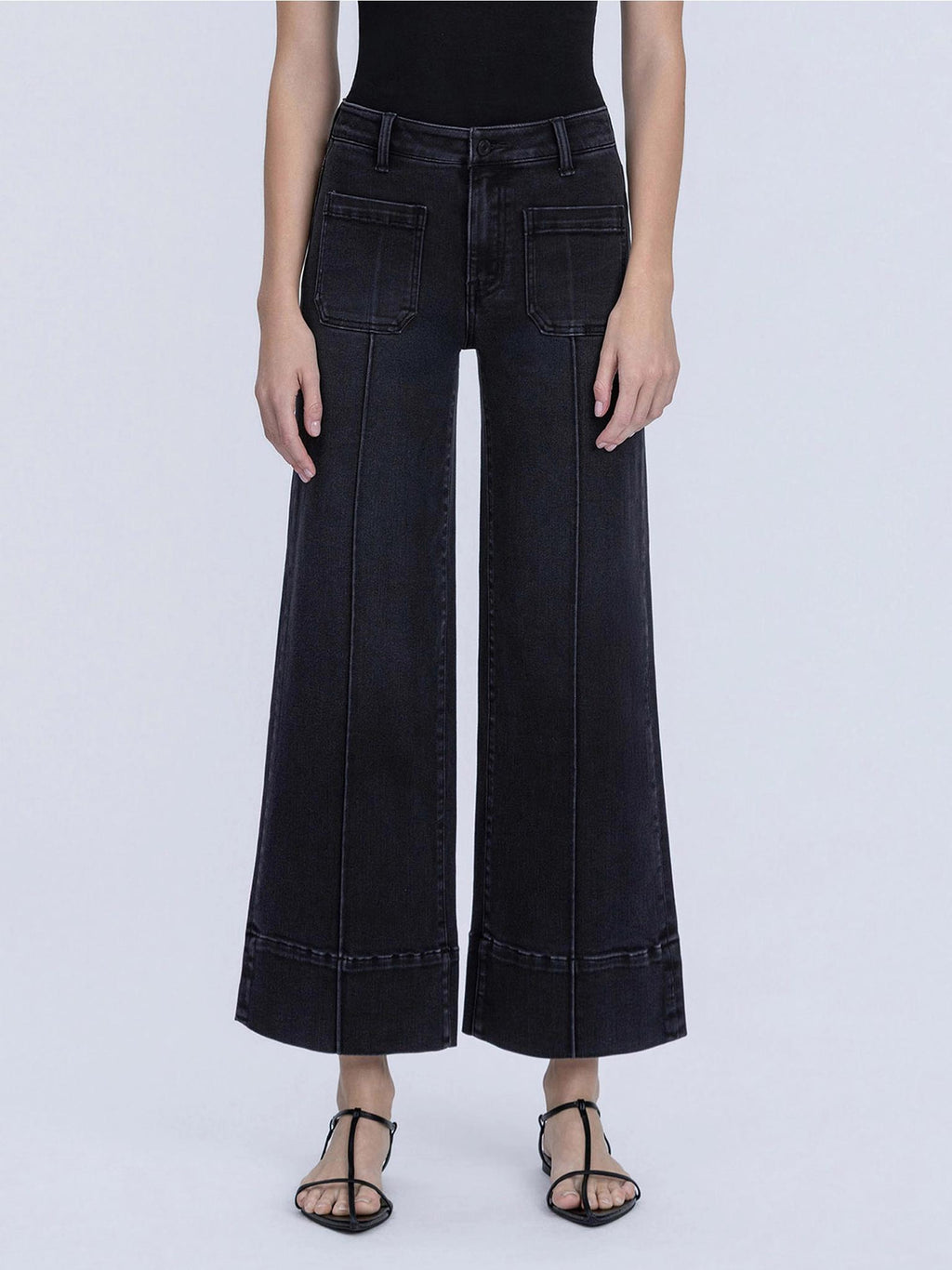 High Rise Patch Pocket Pin Tuck Black Wide Leg Jeans