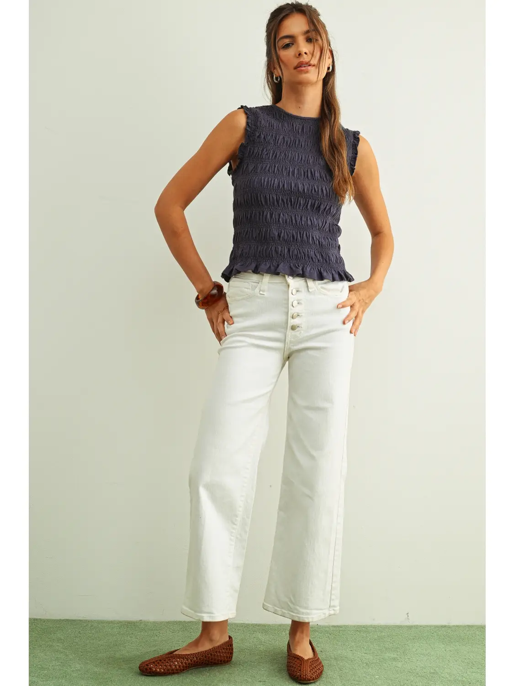 Sleeveless with All Over Smocking Top - NAVY