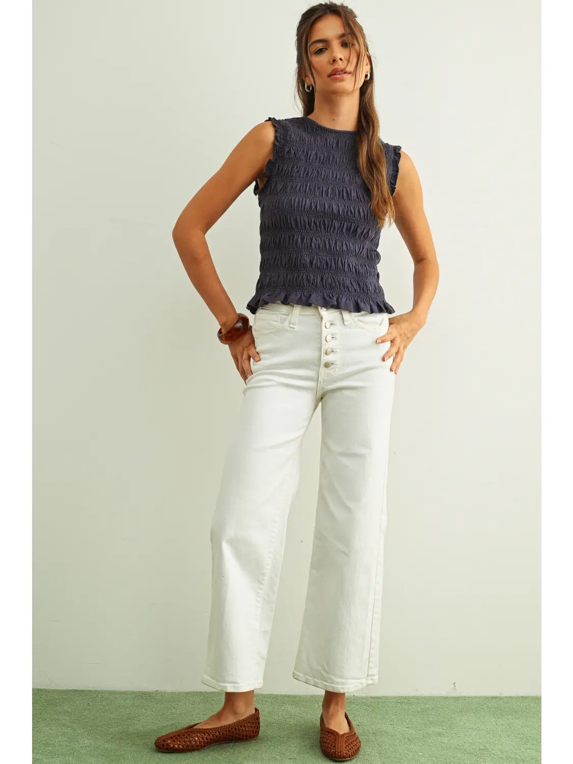 Sleeveless with All Over Smocking Top - NAVY