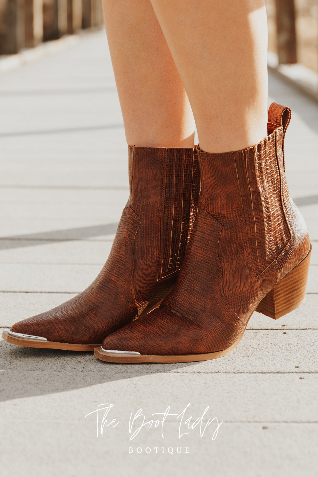 ELEANOR BLOCK HEEL CHELSEA BOOTIES - LIZARD BROWN
