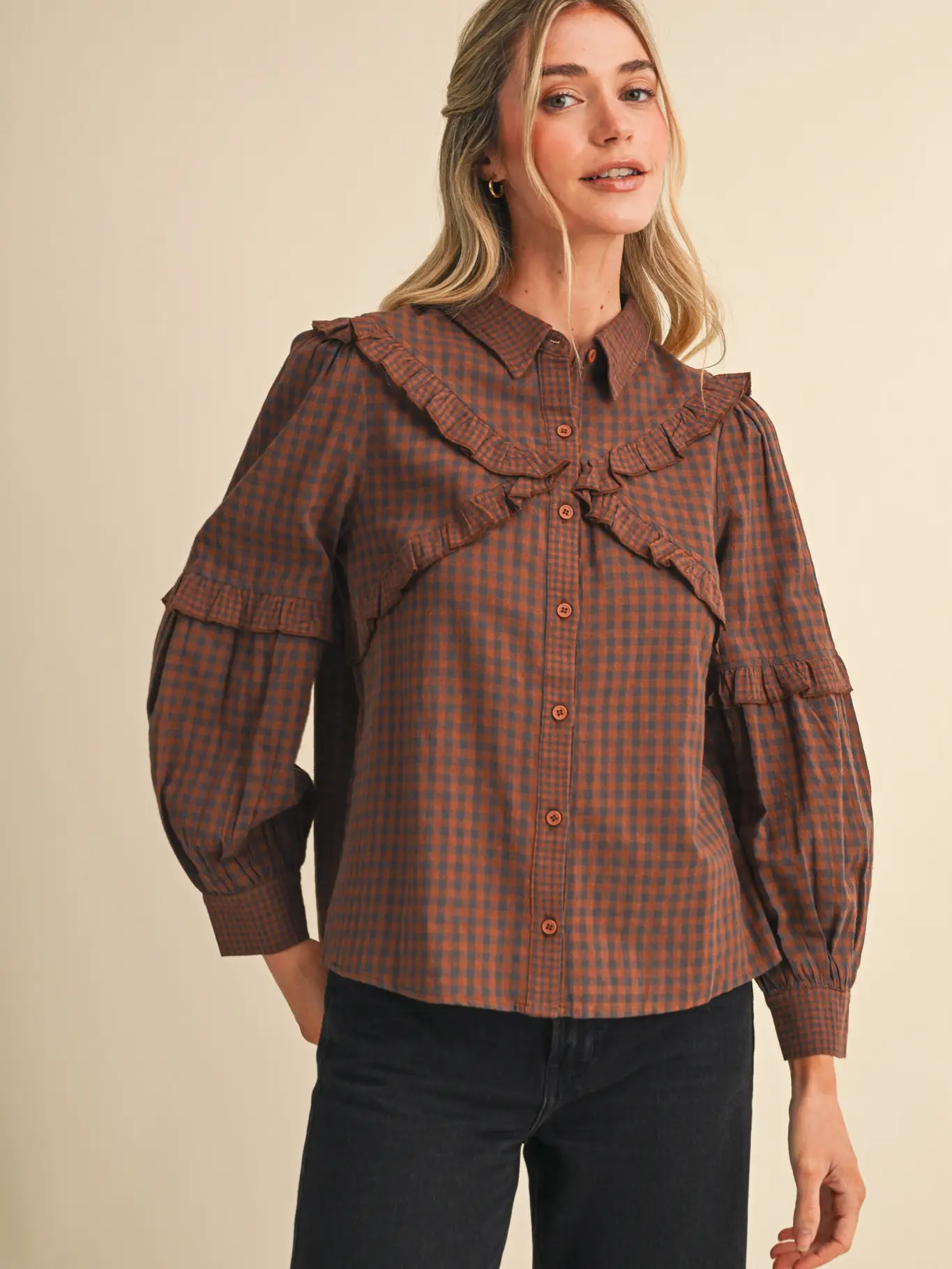 Ruffle Trim Checkered Button Down Top