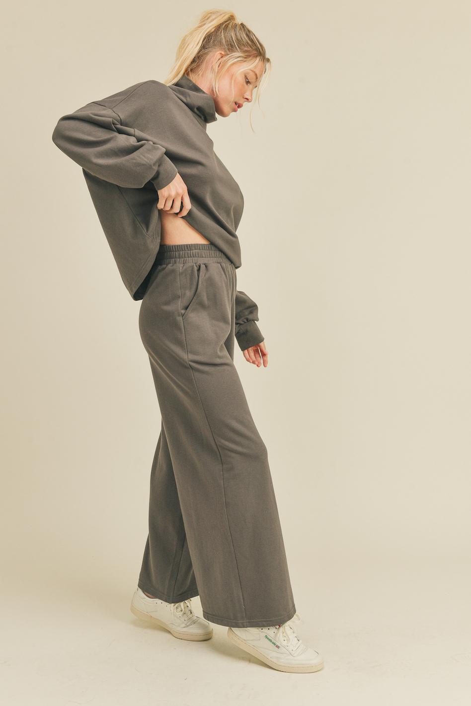 Grey Draped Mock Neck Top & Wide Leg Pant Set
