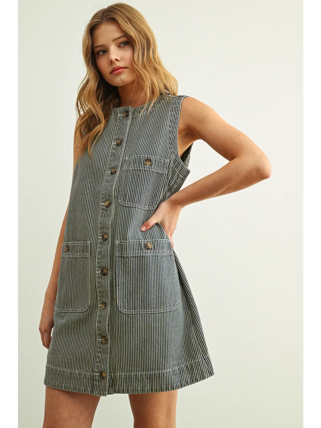 Striped Fabric Button Front Denim Dress