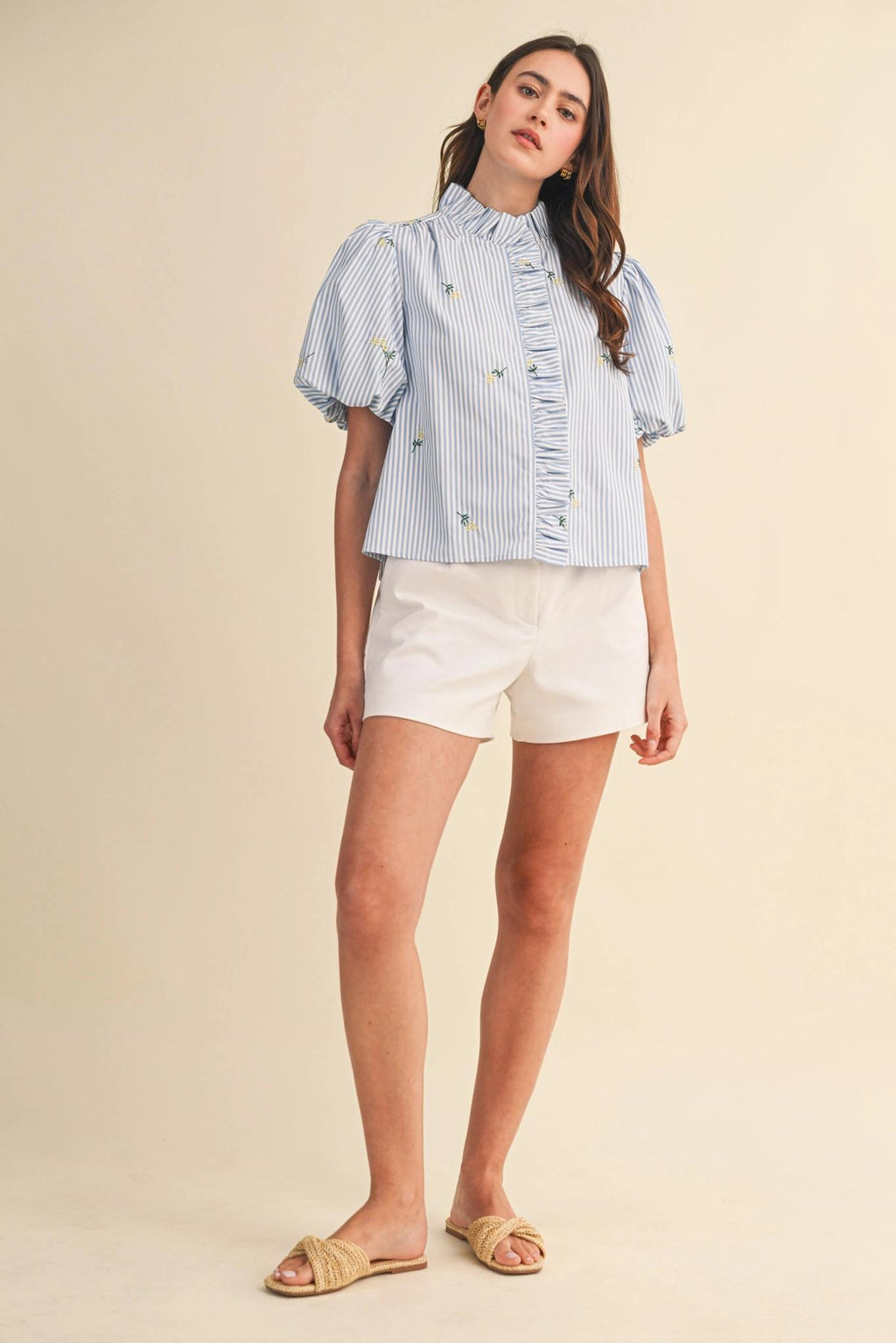 Floral Embroidery Striped Ruffled Button Down Top - Sky Blue Stripe
