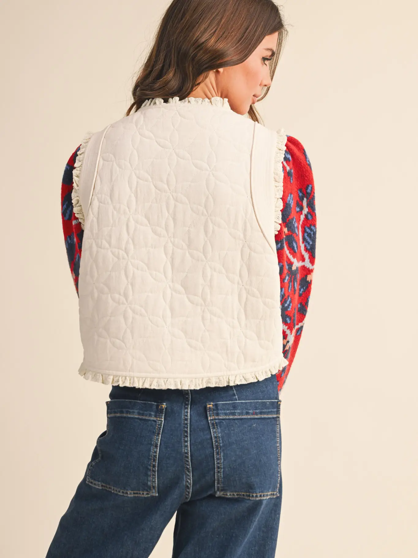 Floral Quilted Lace Trim Bow Tying Vest - Ecru