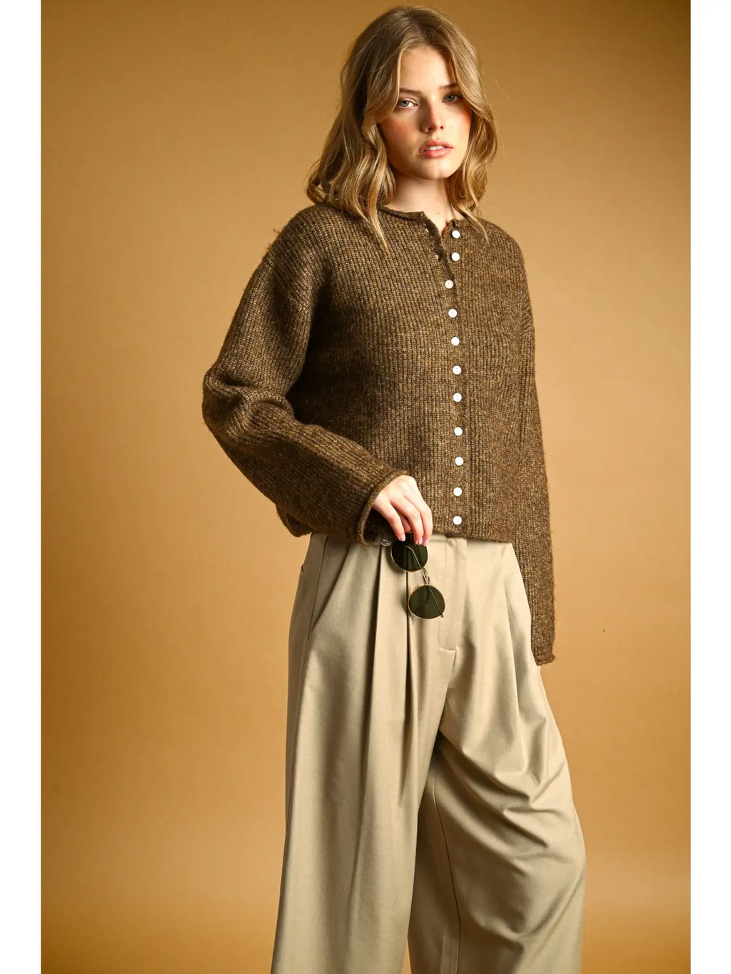 Button Front Ribbed Sweater Cardigan - BROWN
