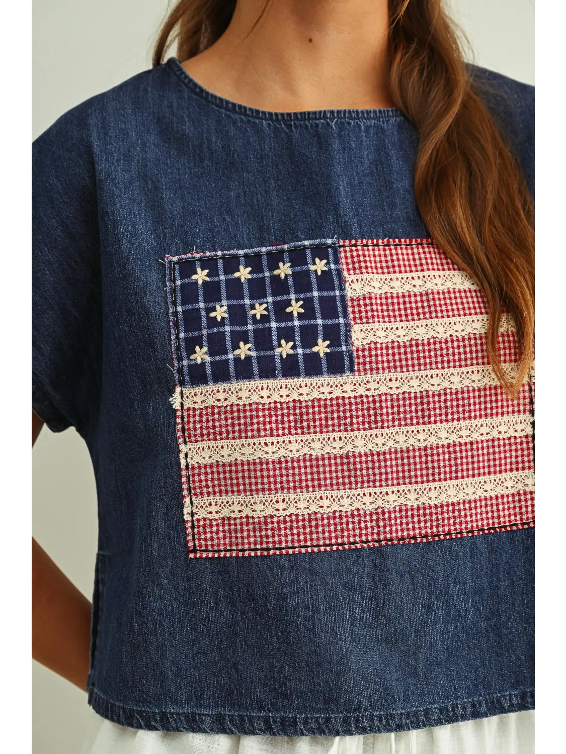 Mixed Fabric Flag Patched Dolman Sleeve Top