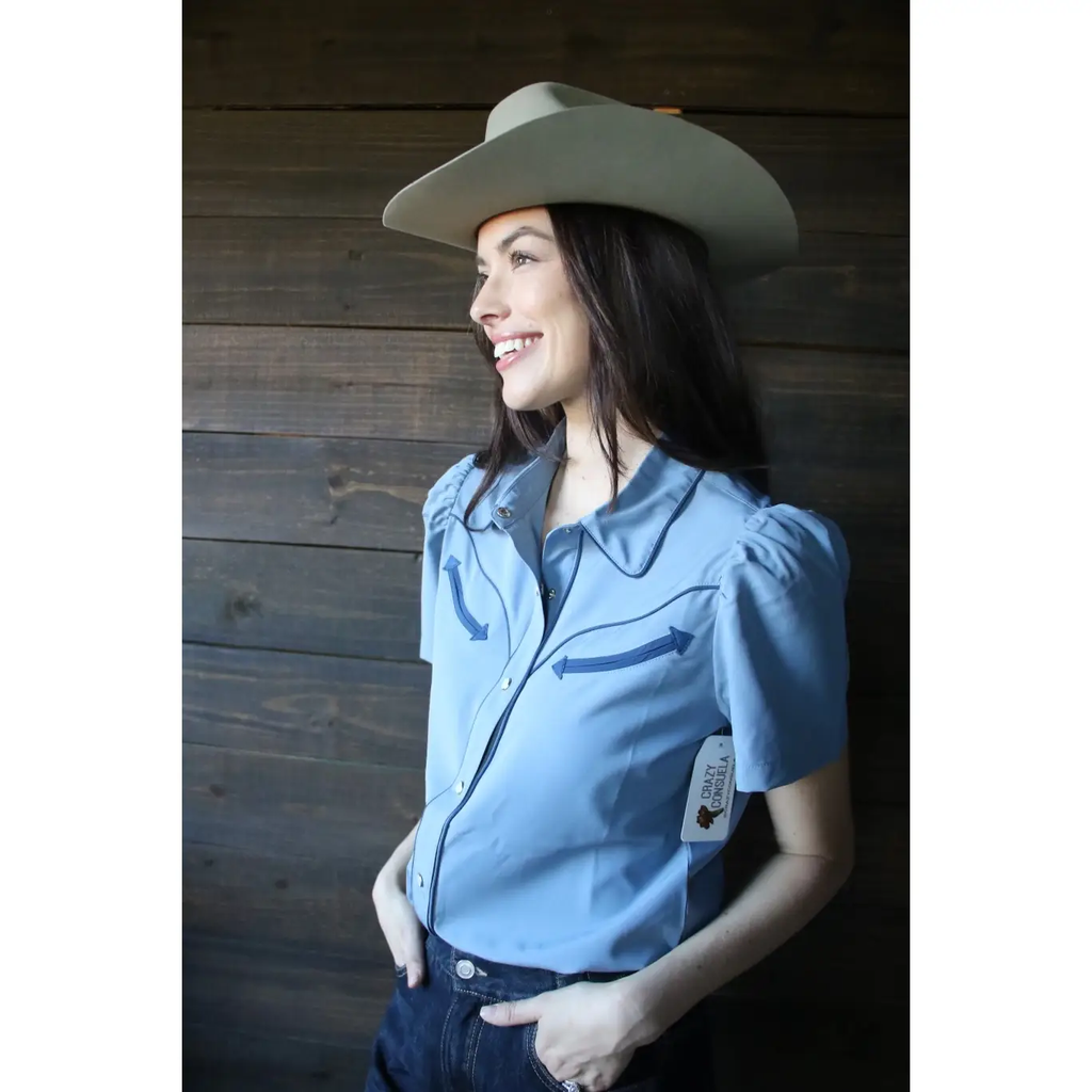 Denim Blue and Navy Pearl Snap Western Blouse