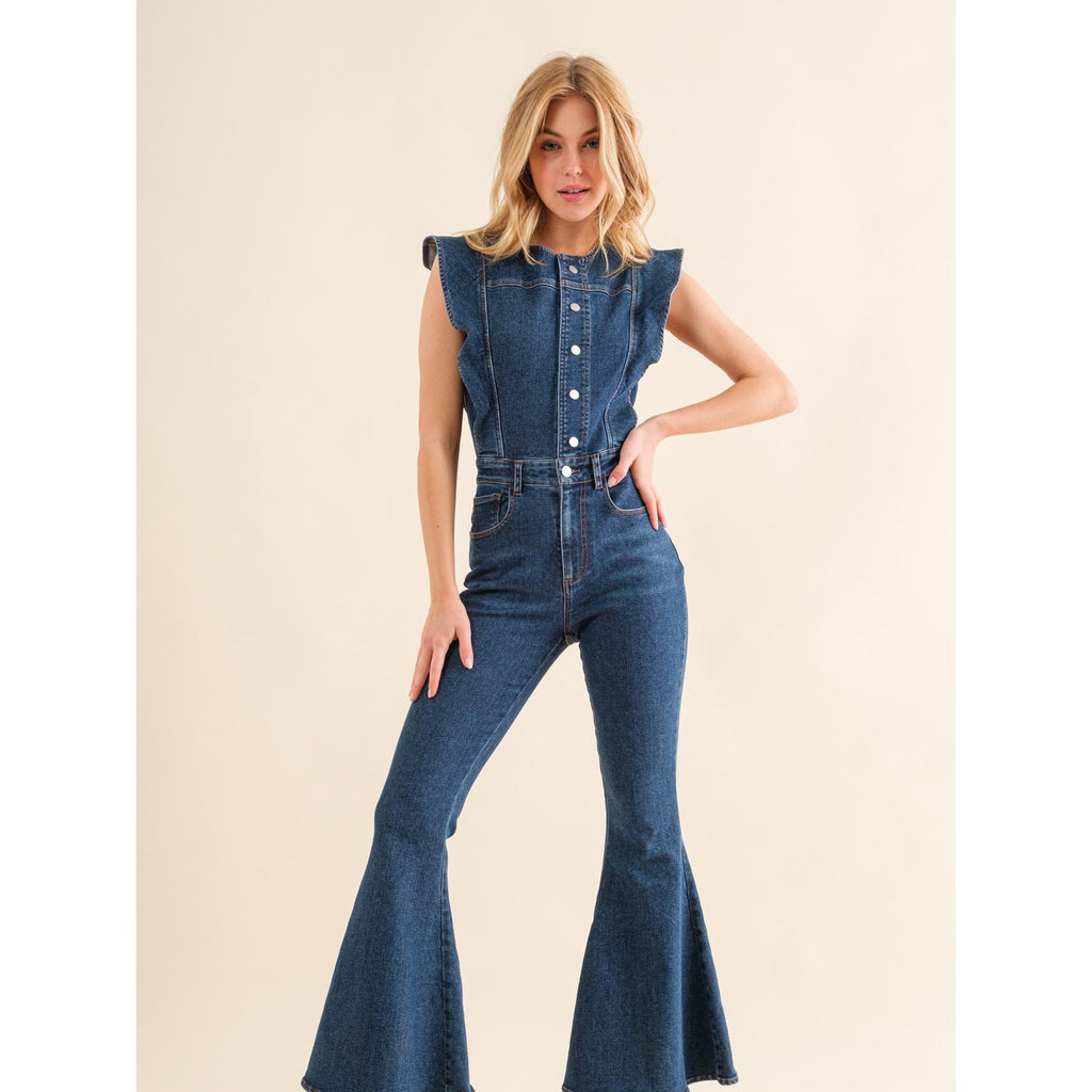 Ruffle Sleeve Button Up Bell Bottom Denim Jumpsuit - Med Wash