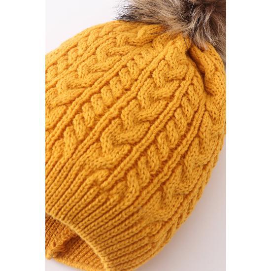 MUSTARD CABLE KNIT POM POM BEANIE