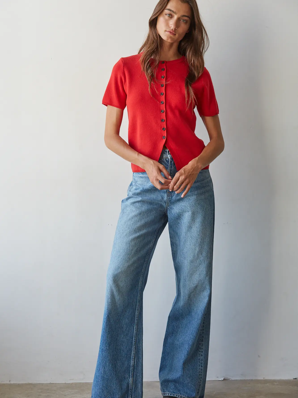 Knit Sweater Short Sleeve Button Down Top - RED