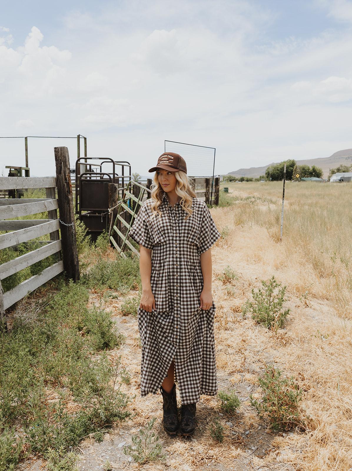 Gingham Pattern Button Down Shirt Dress - Brown/Cream