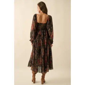 Floral-Print Smocked Bubble Sleeve Maxi Dress