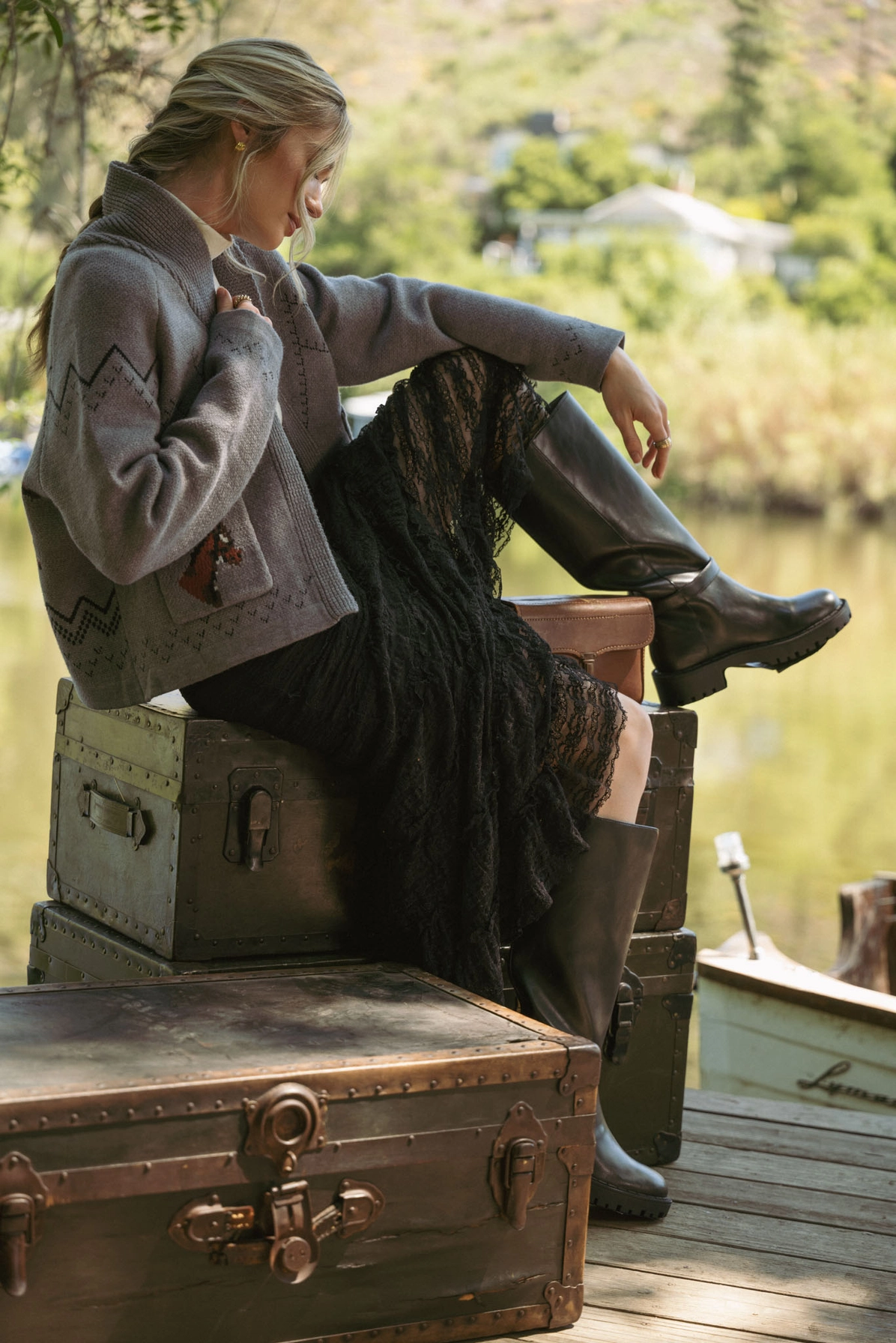 Horse Knit Sweater Cardigan - Dark Grey