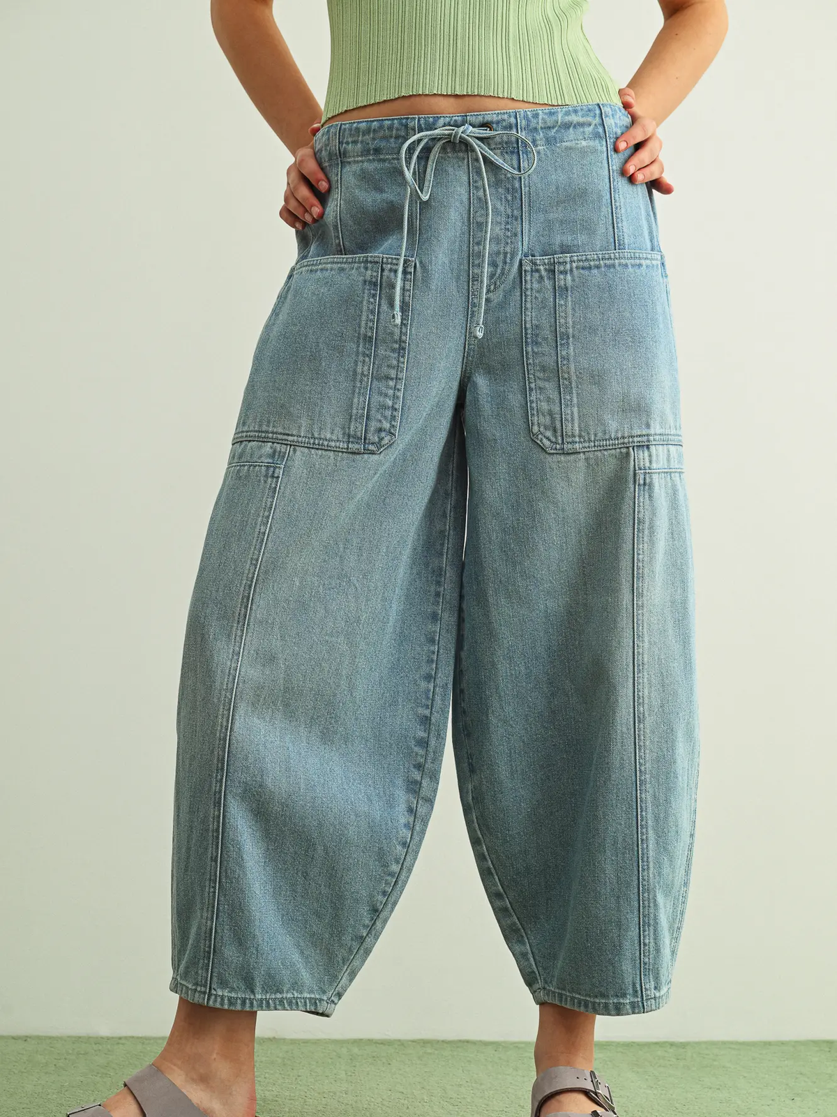 Soft Denim Barrel Pants with Self Belt