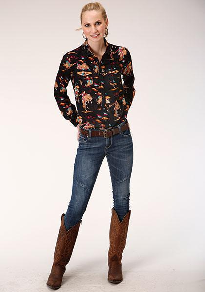 WOMENS L/S SHIRT   PRINTED RELATED SEPERATE  1276 RETRO RODEO PRINT WESTERN SHIRT