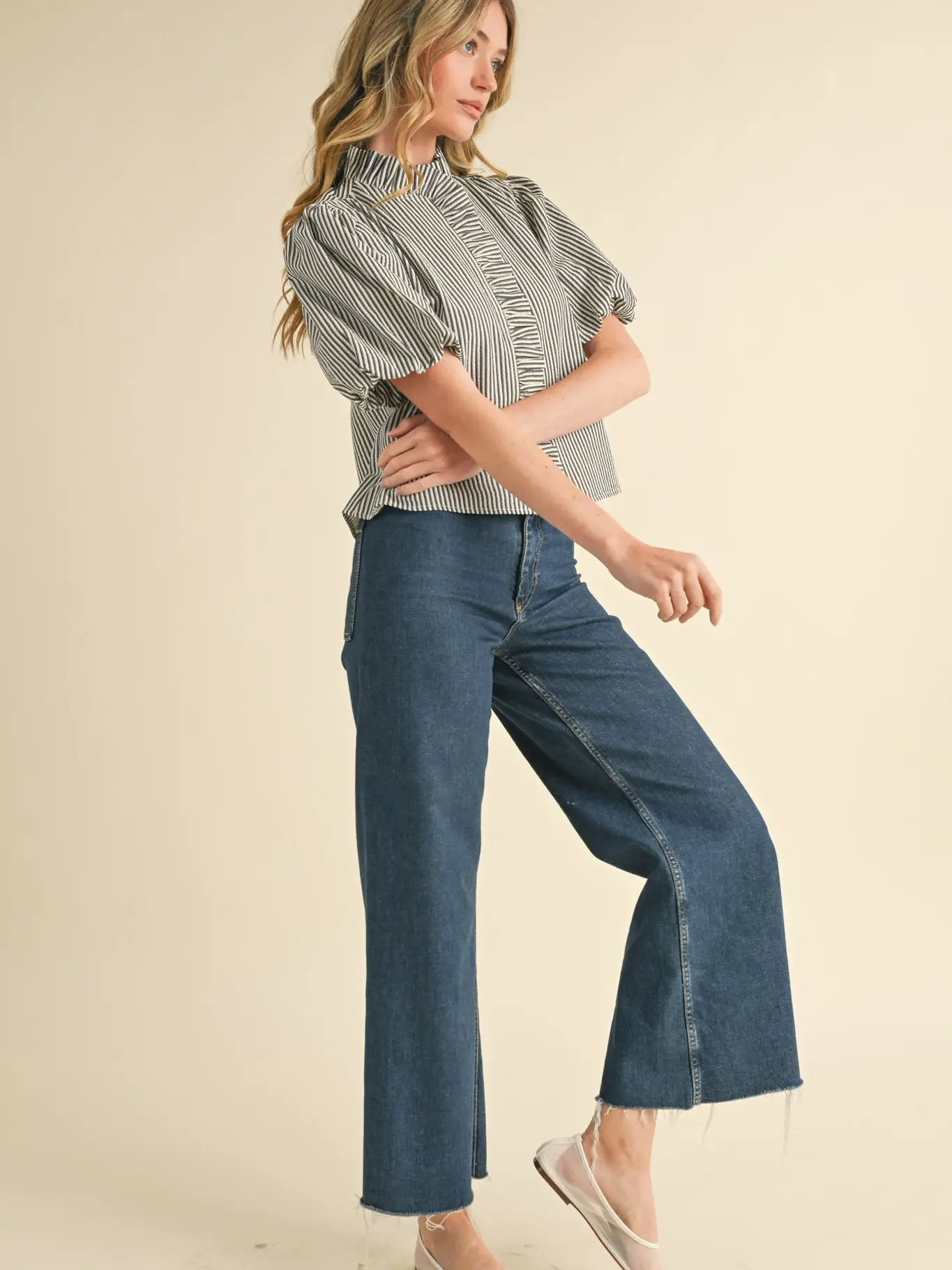 Striped Ruffle Button Down Top - DARK DENIM
