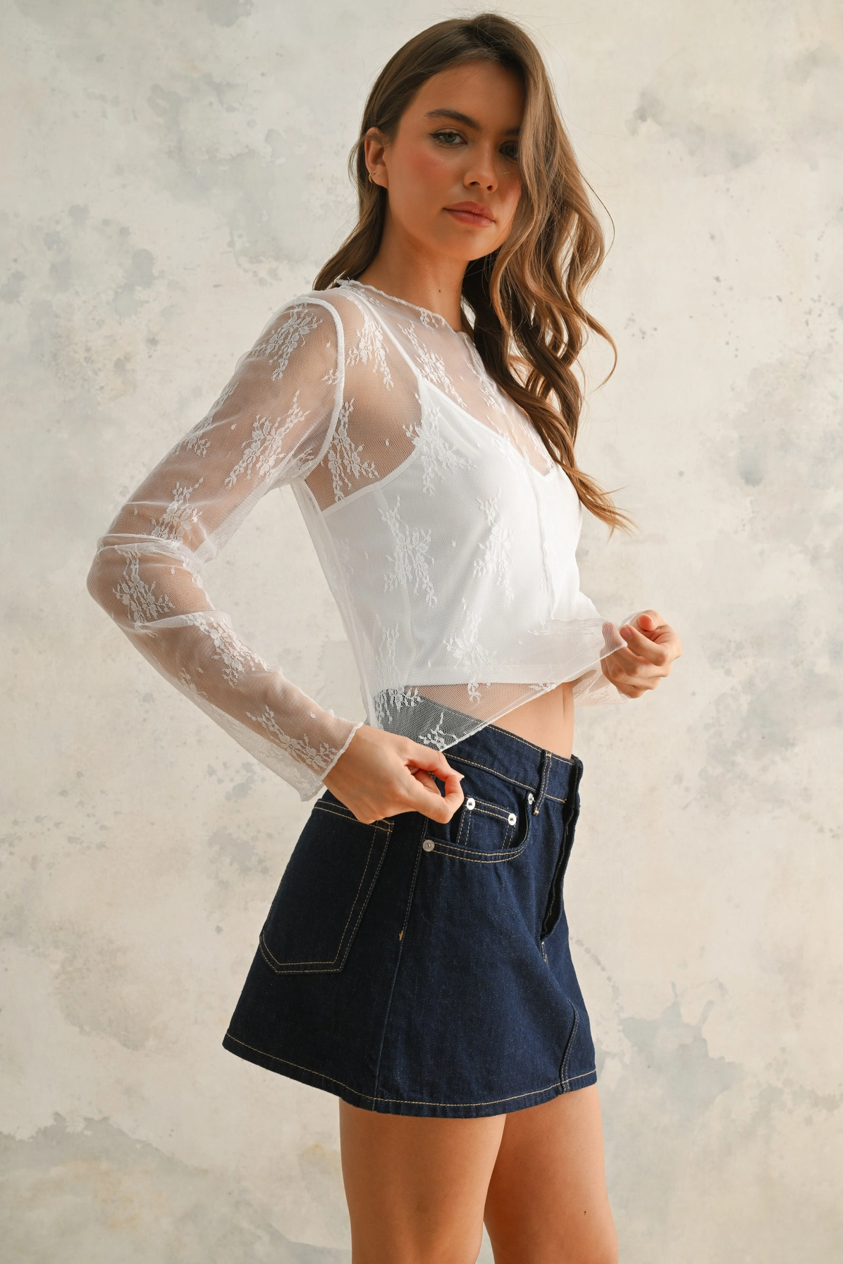 Long Sleeve Lace Fabric with Lining Insert Top - White