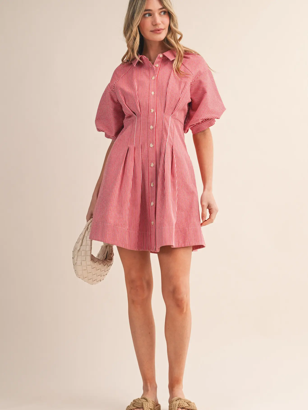 Striped Pleated Waist Button Down Mini Dress - RED STRIPE