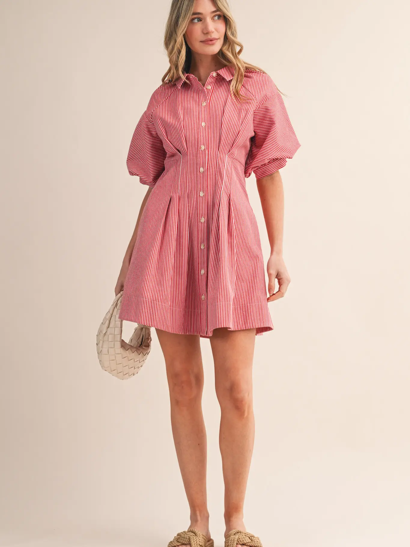 Striped Pleated Waist Button Down Mini Dress - RED STRIPE