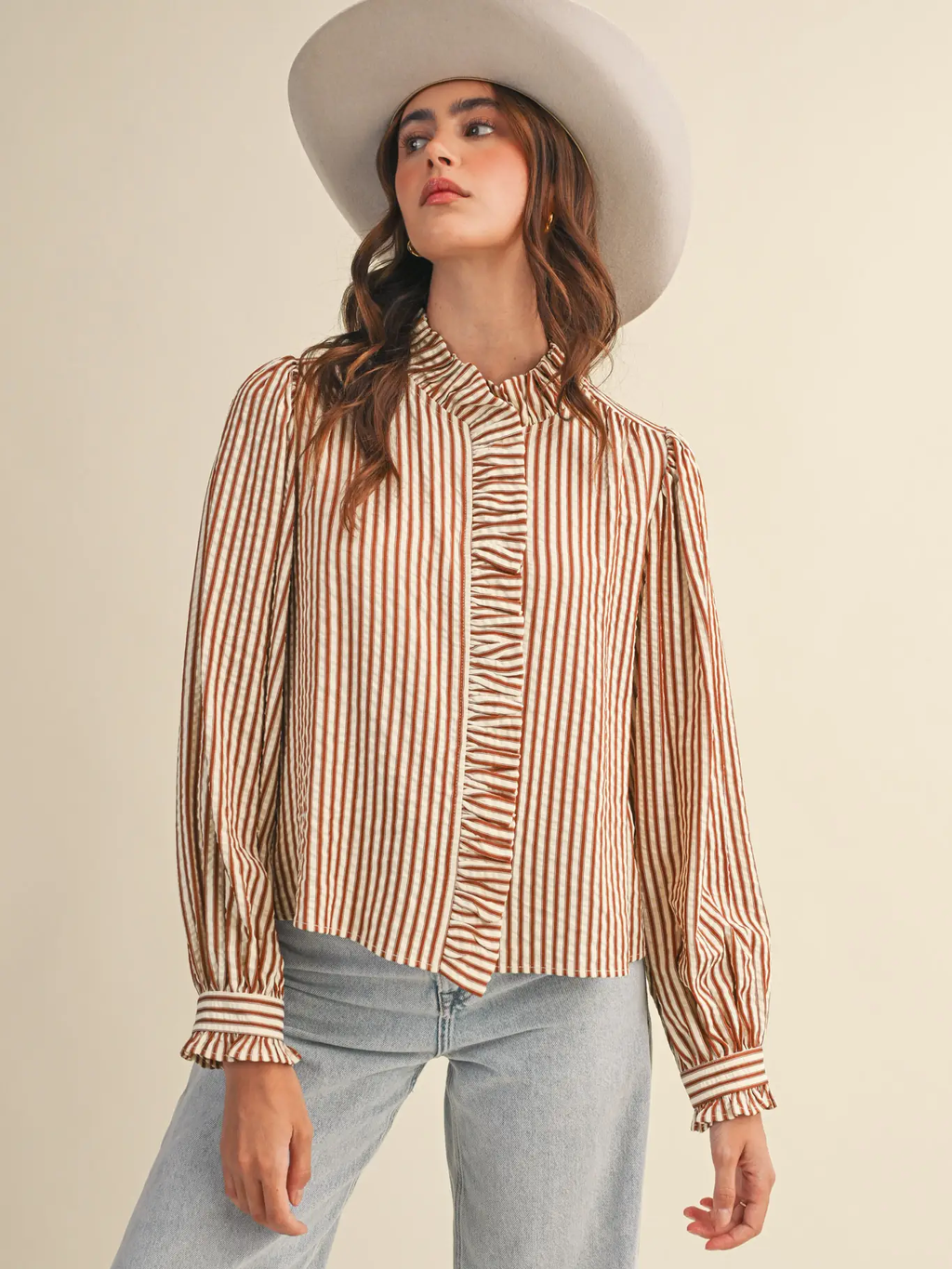 Striped Ruffled Button Down Long Sleeve Top - PECAN STRIPE