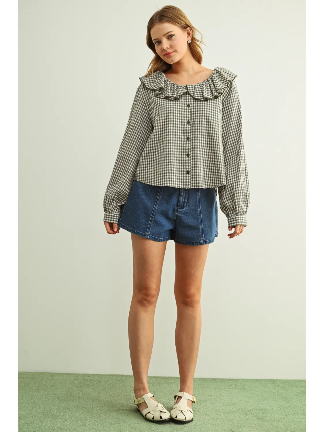 Mini Gingham Ruffled Collar Blouse - OLIVE/WHITE