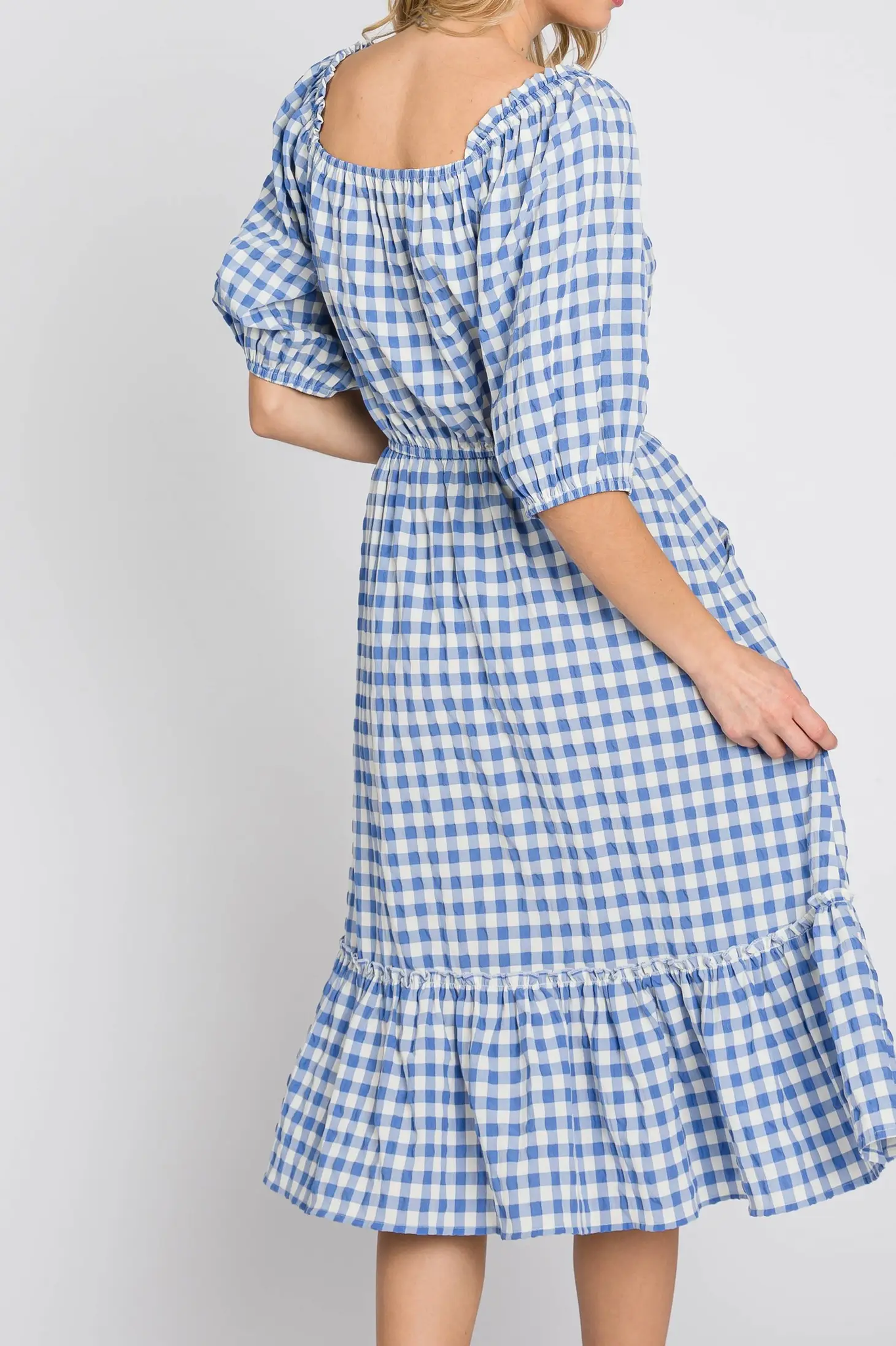 TEXTURED GINGHAM PUFF SLEEVE TIERED DRESS