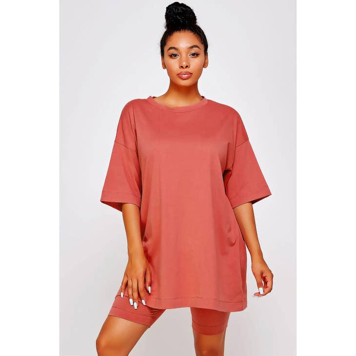 Knit Oversize Tee Shirt An Shorts Casual Biker Set - Rust