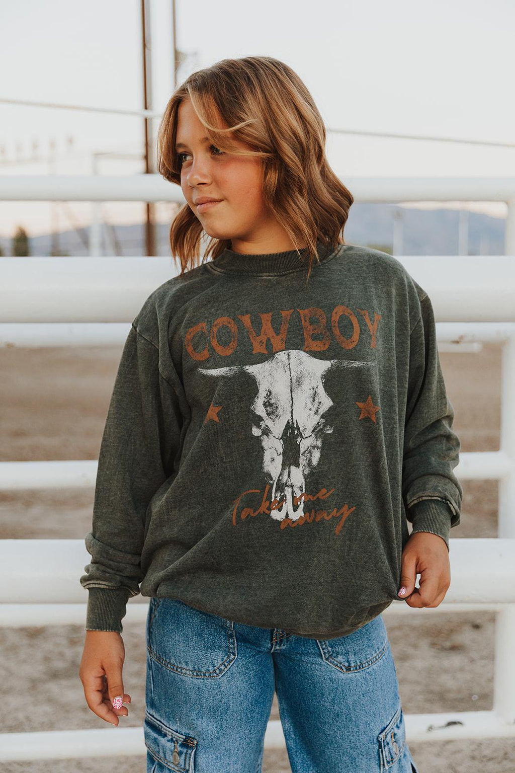 COWBOY TAKE ME AWAY LONG SLEEVE SWEATSHIRT - MINERAL OLIVE