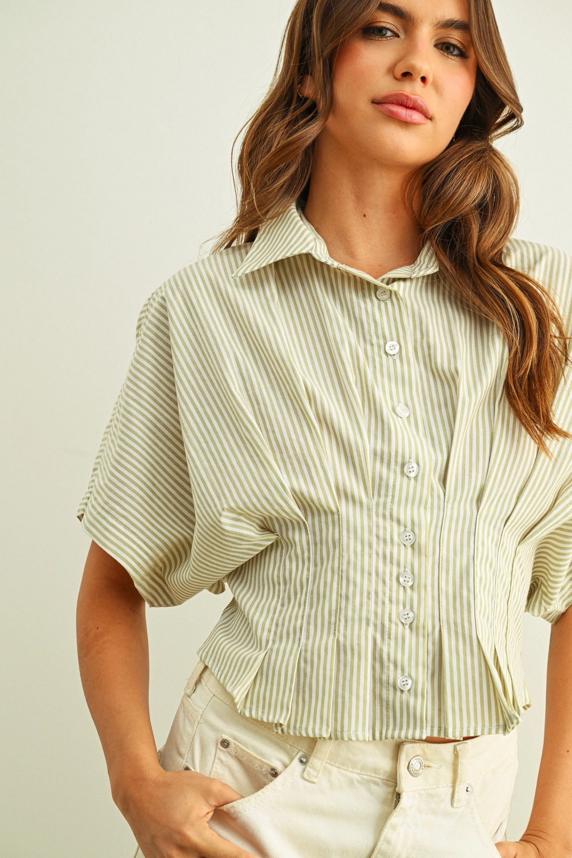 Stripe Button Front Shirts with Pleated Waist Detail - Green