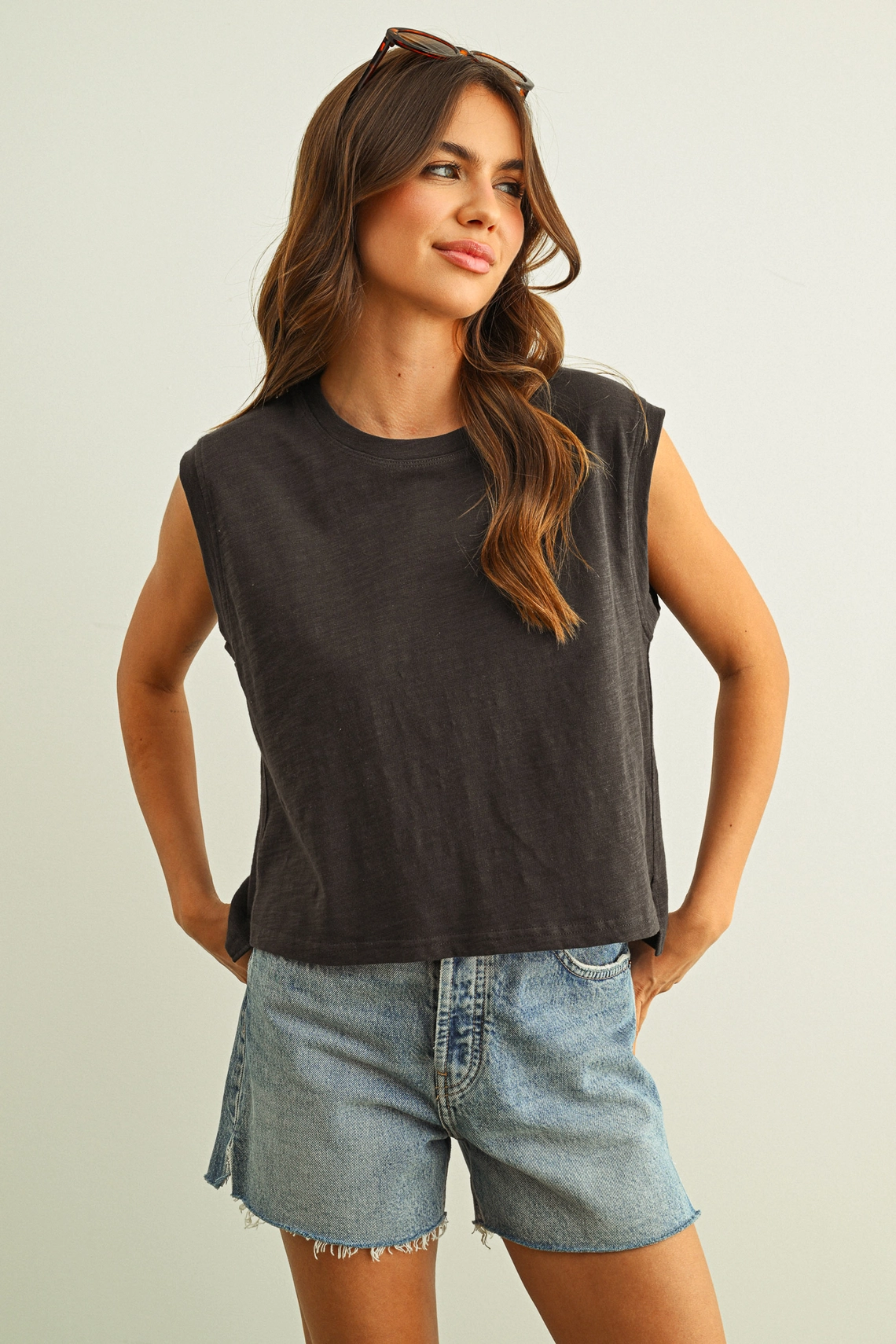 Round Neck Slub Top - Navy