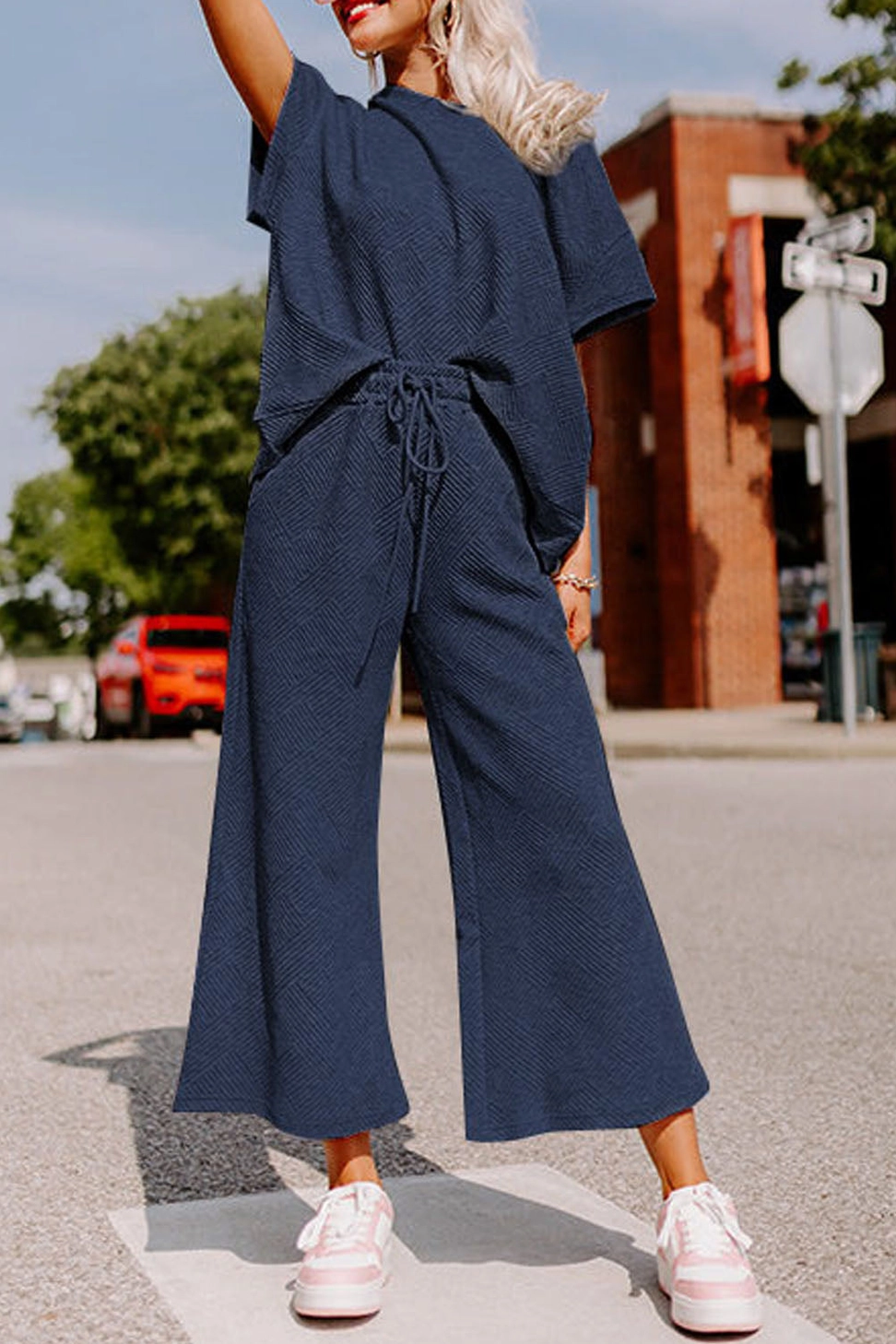 Navy Textured Loose Fit T Shirt and Drawstring Pants Set