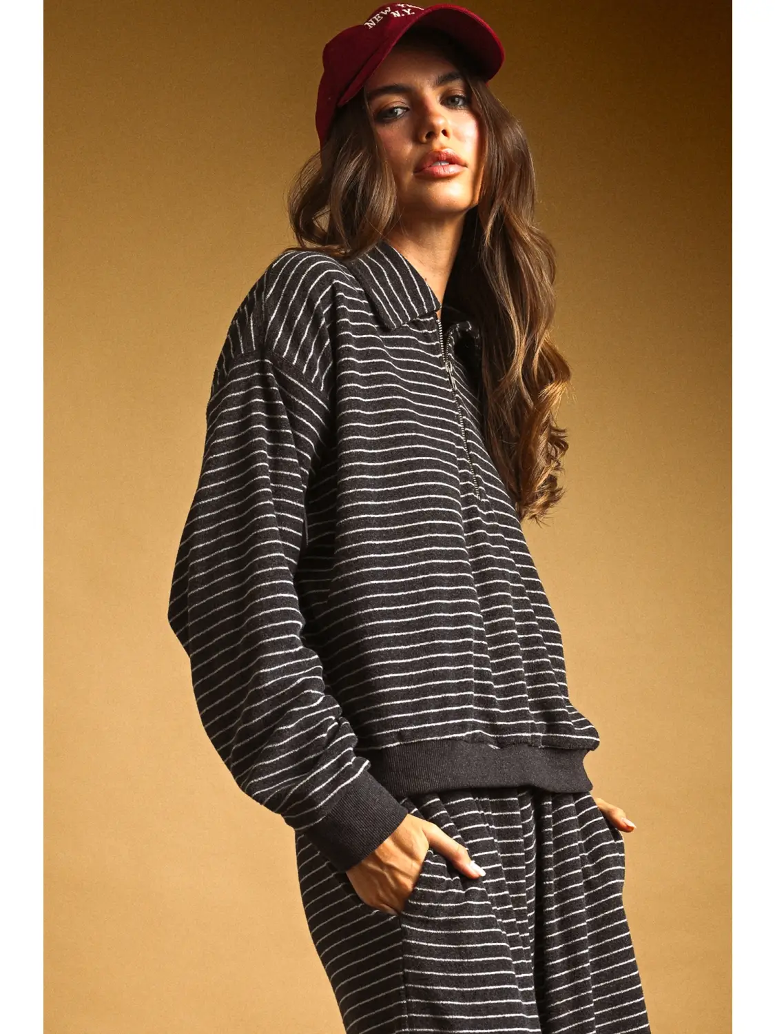 Striped Towel Fabric Half Zip Pullover