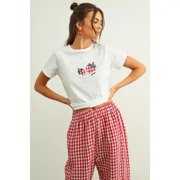 Gingham Pattern Elastic Band Waist Pants - RED/WHITE