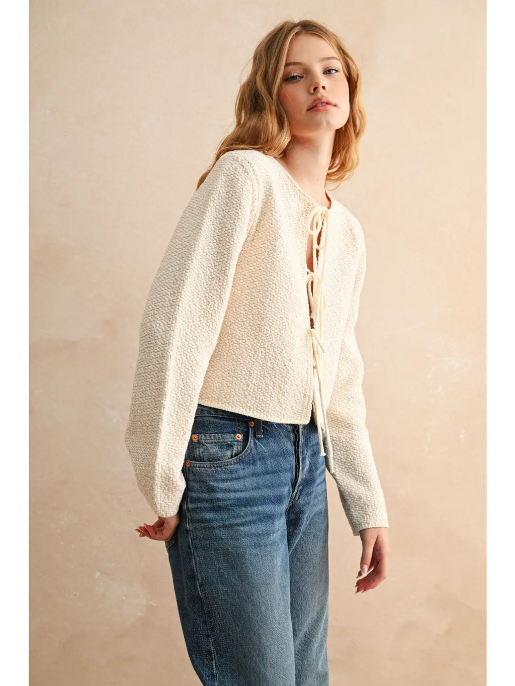 Two Tone Tie Front Long Sleeve Cardigan - CREAM