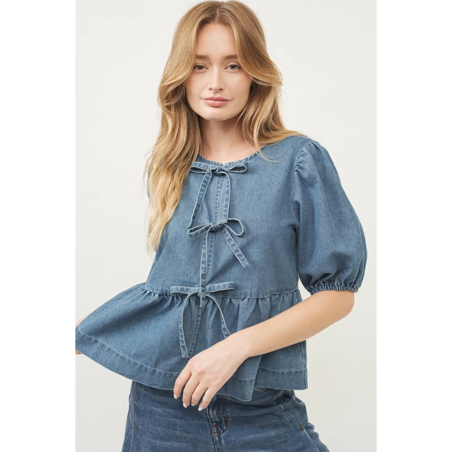 Denim Front Bow Tie Peplum Blouse