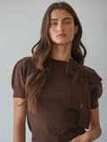 Knit Sweater Pullover with Shoulder Tie Bow Detail - BROWN