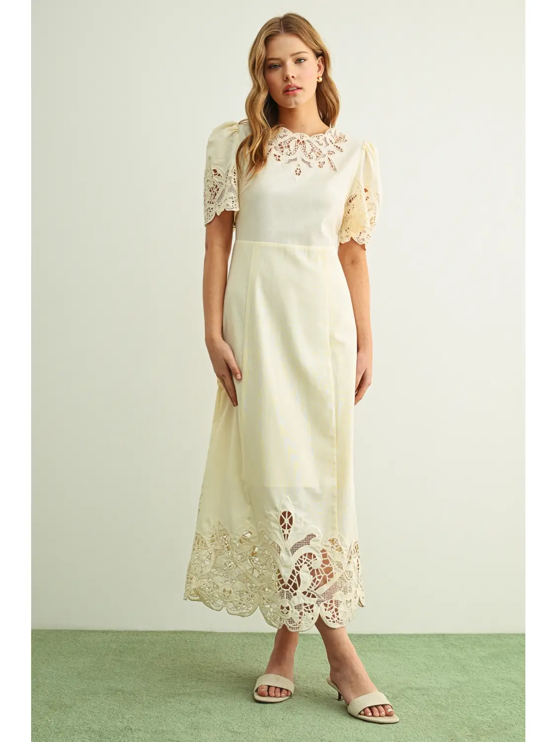 Floral Embroidery Detail Linen Long Dress