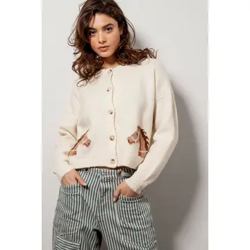 Western Horse Graphic Button Front Cropped Cardigan Sweater - Ivory