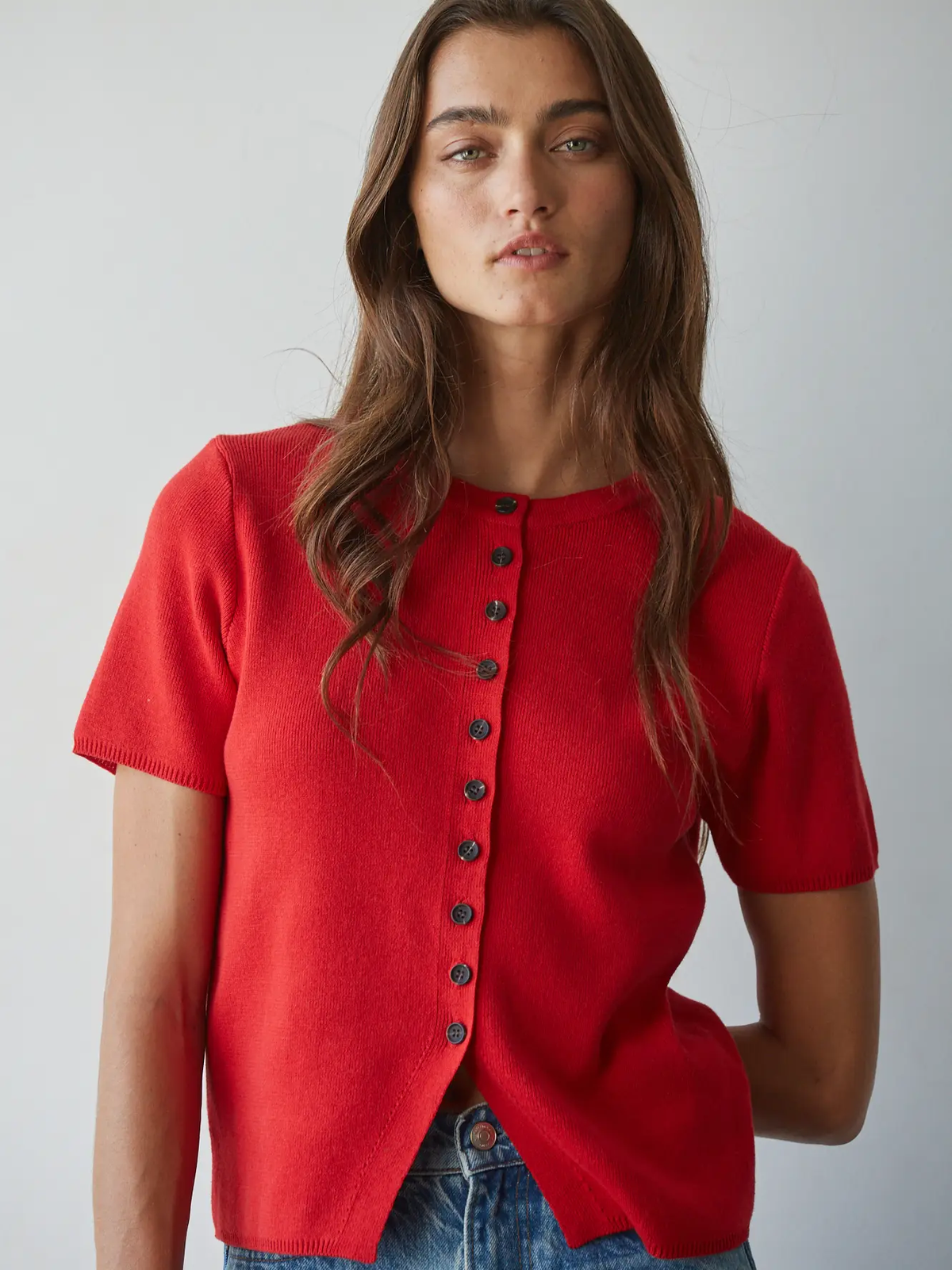 Knit Sweater Short Sleeve Button Down Top - RED
